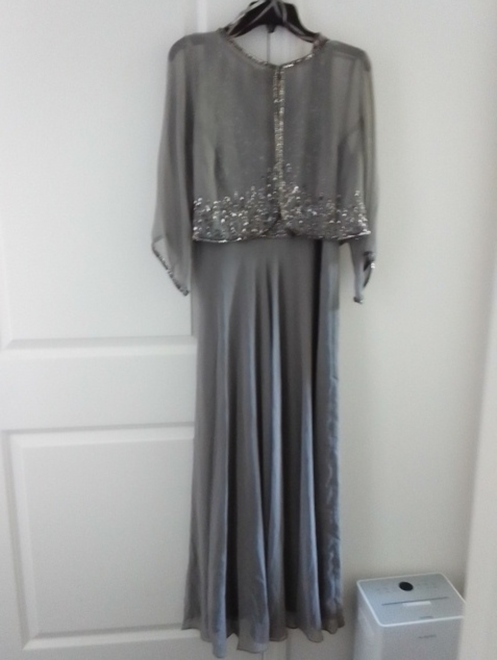 Jkara Petite Two Piece Elegant Silver Evening Gown with Beaded Cape